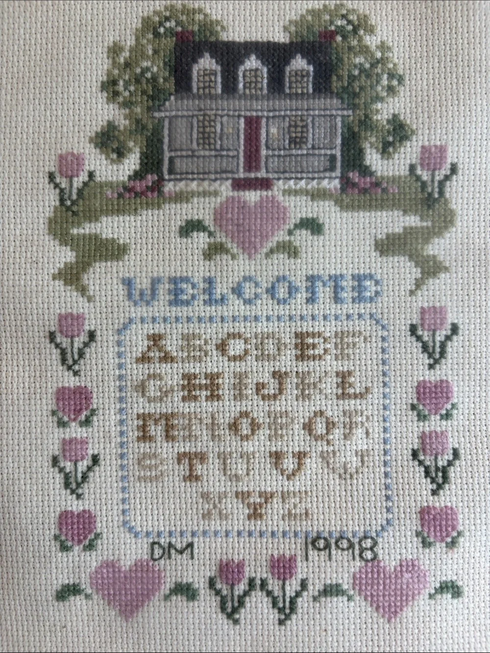 Vintage Framed Pink & Cream Cross-Stitch Welcome
